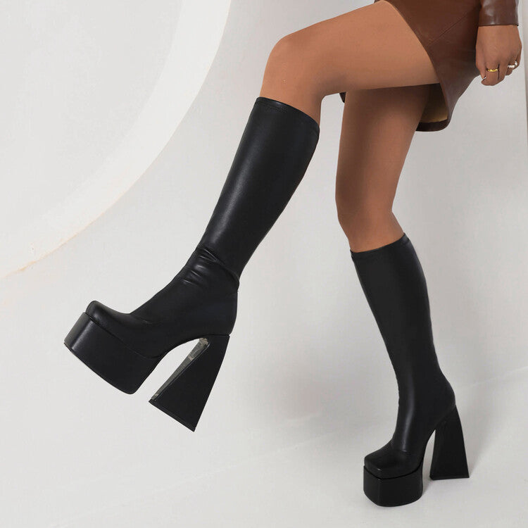 Women's Square Toe Triangle Heel Platform Knee High Boots
