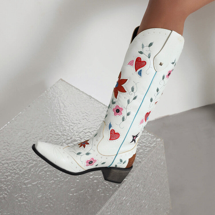 Women's Ethnic Love Hearts  Printed Low Heels Cowboy Mid Calf Boots