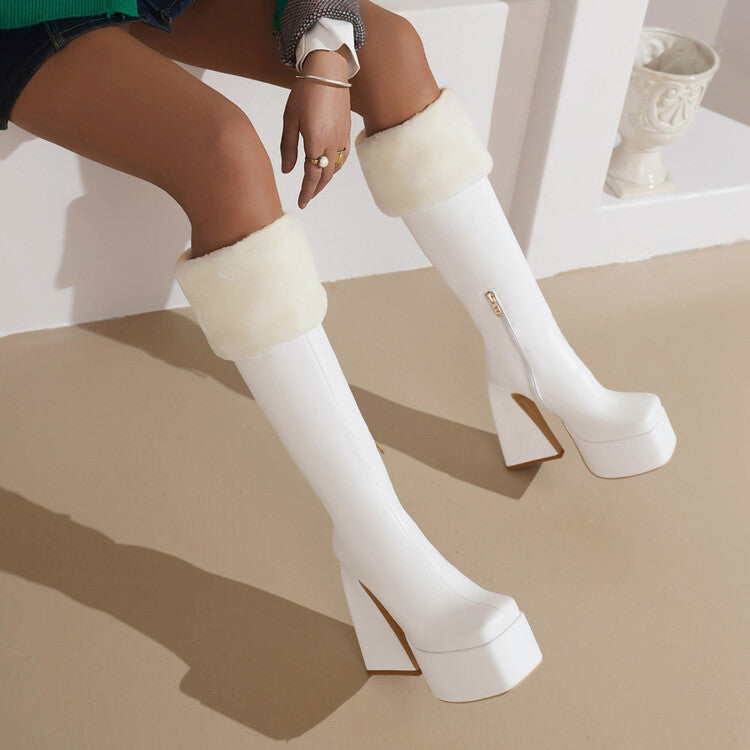 Women's Square Toe Triangle Heel Platform Knee High Boots