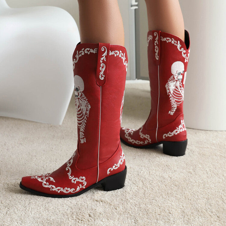 Women's Ethnic Pointed Toe Patchwork Embroidery Low Heels Knee High Boots