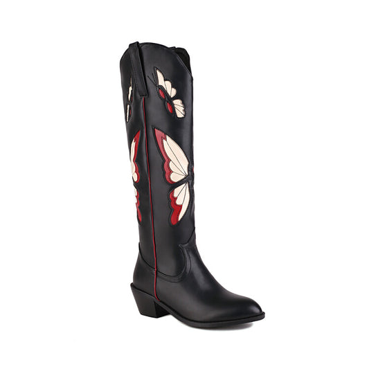 Women's Ethnic Pointed Toe Butterfly Printed Puppy Heel Cowboy Knee High Boots