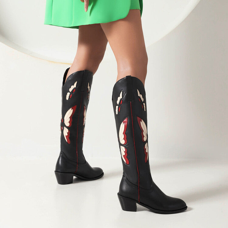 Women's Ethnic Pointed Toe Butterfly Printed Puppy Heel Cowboy Knee High Boots