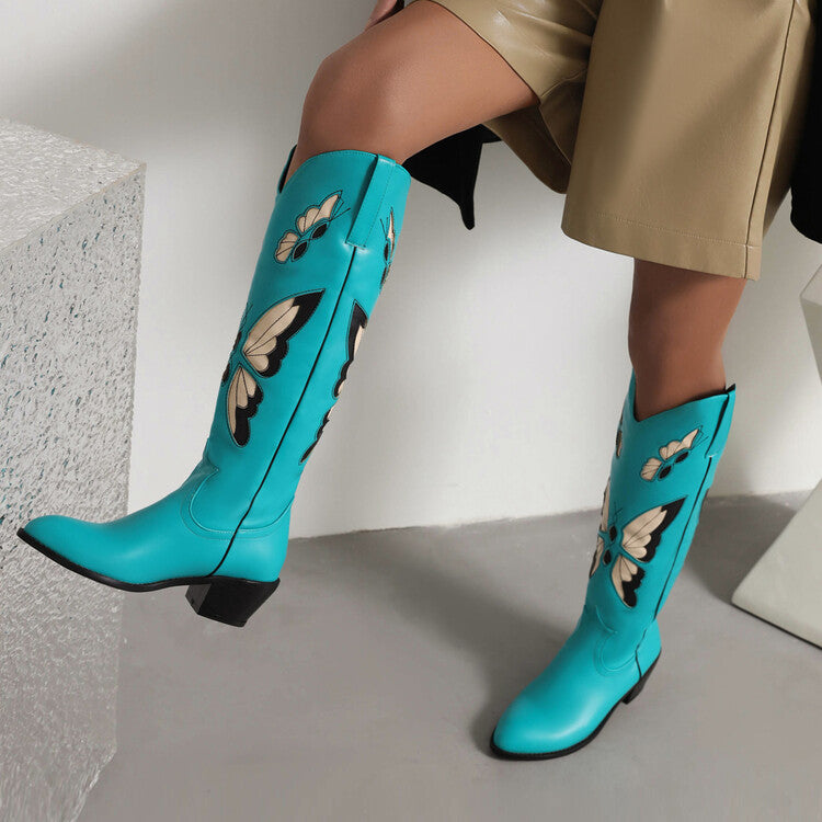 Women's Ethnic Pointed Toe Butterfly Printed Puppy Heel Cowboy Knee High Boots