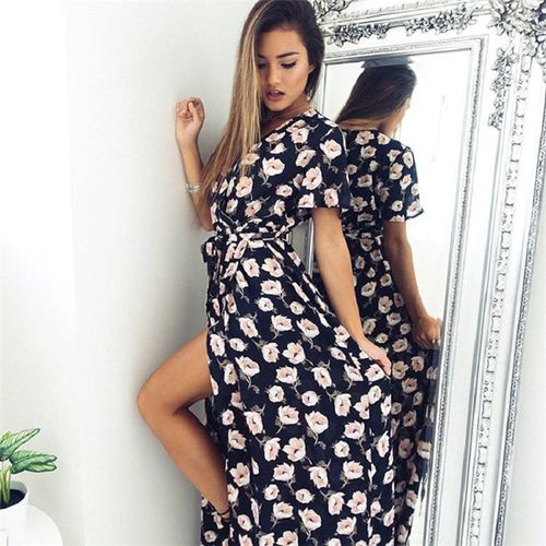 Vintage Crushed Print V-neck Slit Short-sleeved Holiday Beach Dress Women Dresses