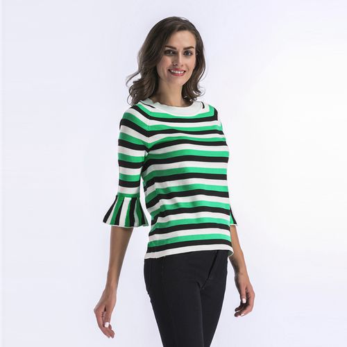 Horn Sleeve Striped Sweater Women's Spring Trim Round Collar Mid-sleeve Knitwear