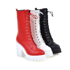 Lace Up Chunky Heeled Motorcycle Boots for Women 3523
