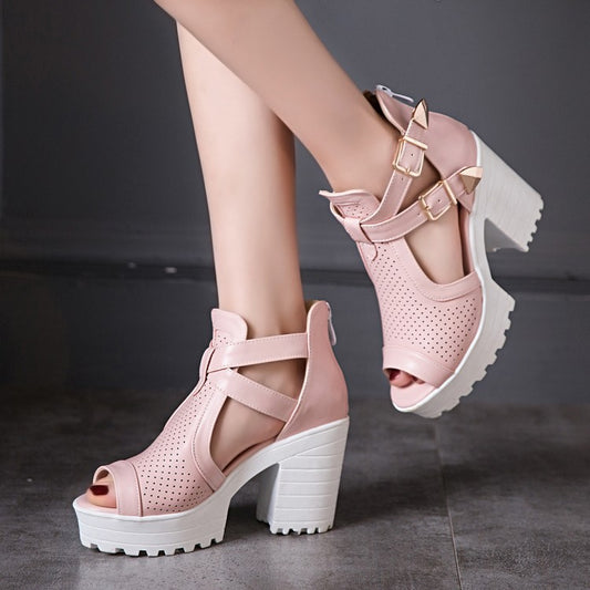 Women's Straps Buckle Platform Sandals Chunky High Heels Shoes 2383