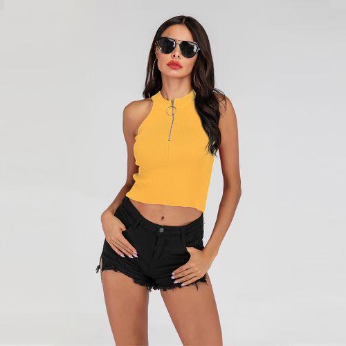 Zipper V Neck Short Navel-baring Shoulder Lace-up Knit Women Top Tank