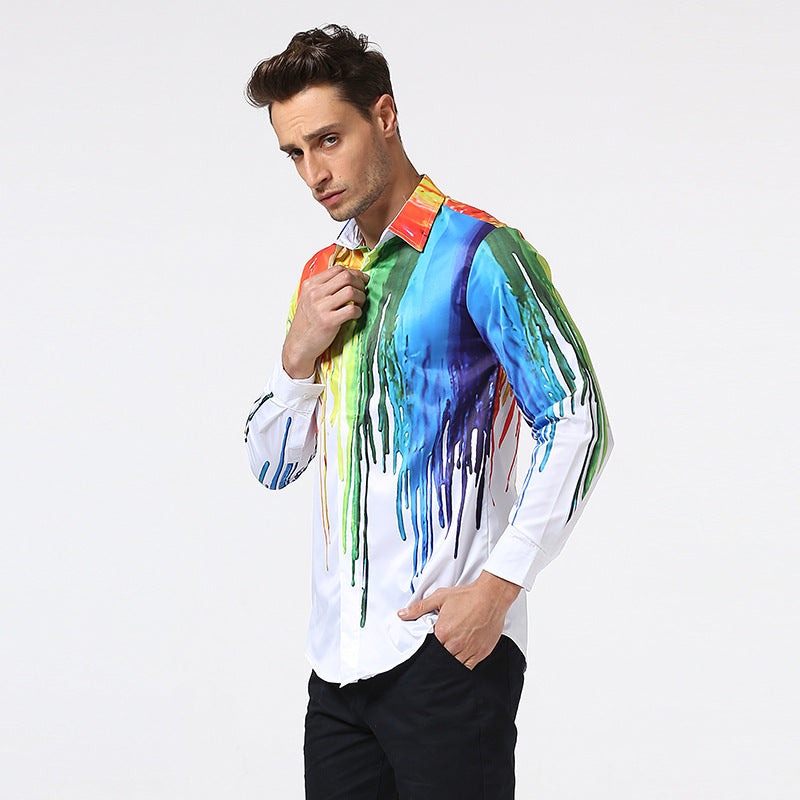 3D Watercolor Rainbow Print Long Sleeve Men Shirt 5908