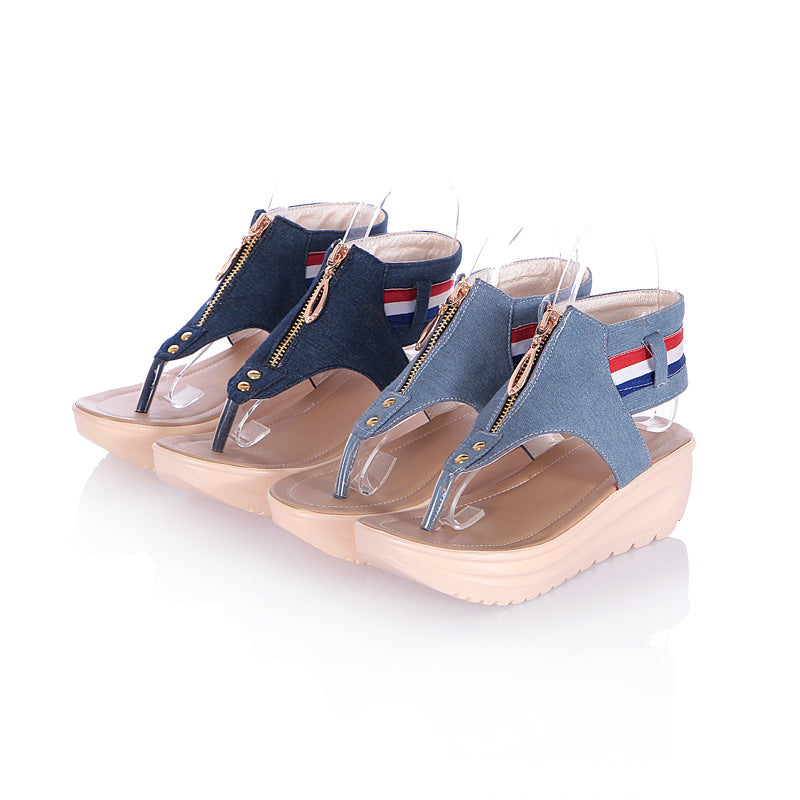 Denim T Strap Women Platform Sandals Wedge Heels Shoes for Summer 4419