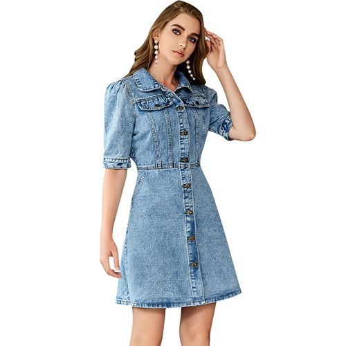 Retro Turndown Collar Pocket Beam Waist Half Sleeve Denim Women's Dresses