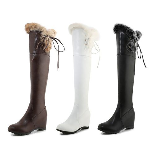 Women Fur Wedges Heeled Tall Boots