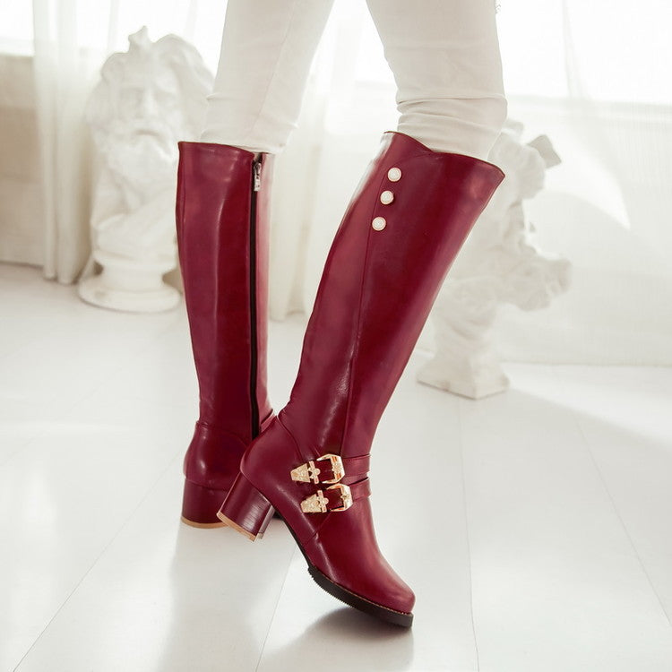 Studded Buckle Chunky Heels Tall Motorcycle Boots for Women 5376