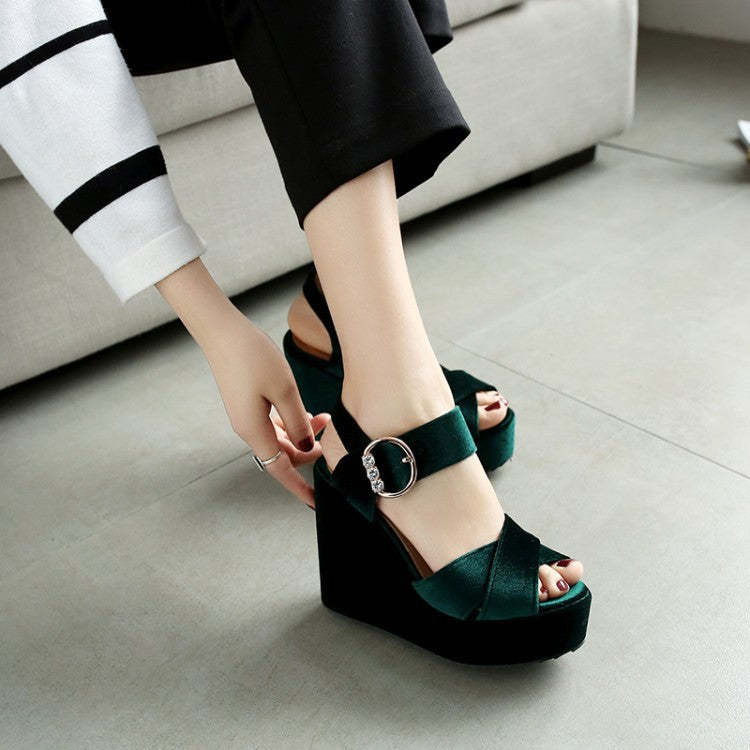 Velvet Women Platform Sandals Wedge Heels Shoes for Summer 4285