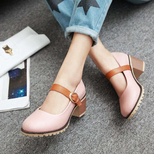 Women's Ankle Straps High Heels Chunky Heel Shoes 6832
