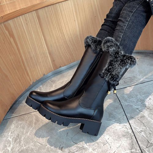 black faux fur mid calf boots