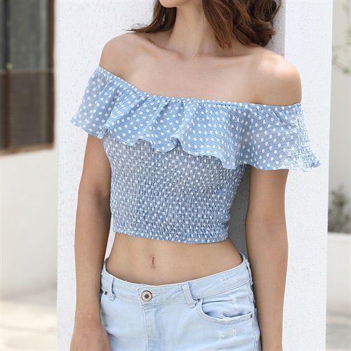 Dots Sexy Off Shoulder Flounce Elasticity Short Navel-baring Women T Shirts