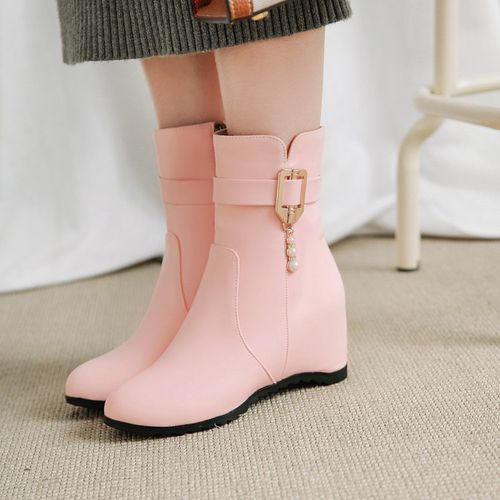 Women Buckle Pearl Wedges Heels Short Boots Winter Shoes