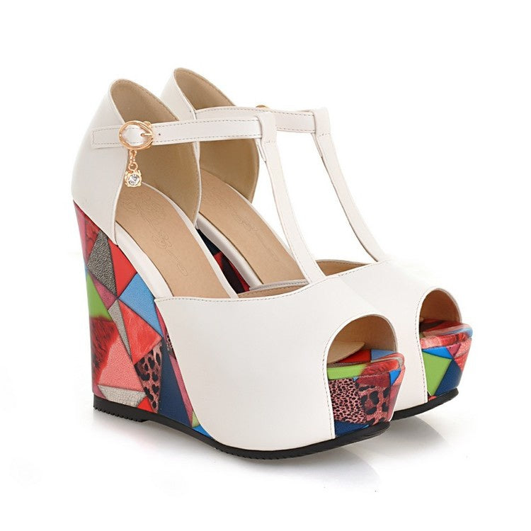 Women T Strap Platform Wedges High Heel Sandals