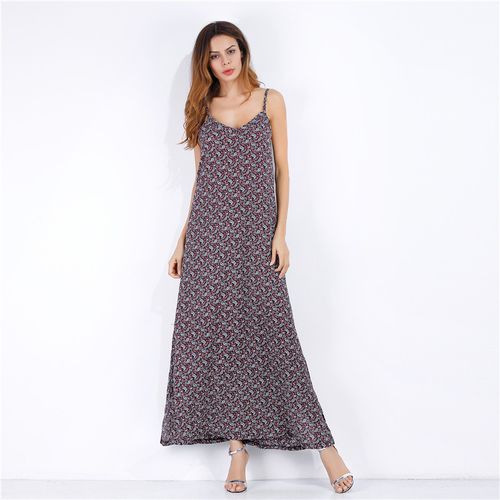 Vintage Crushed Print Sling V-neck Sexy Big-swinging Dress Women Dresses