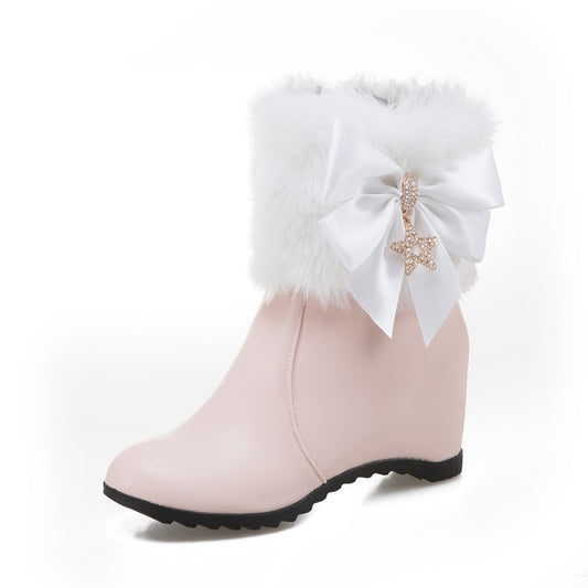 Winter Increased Snow Boots High Heel Zipper Bow Ankle Boots Women's Shoes