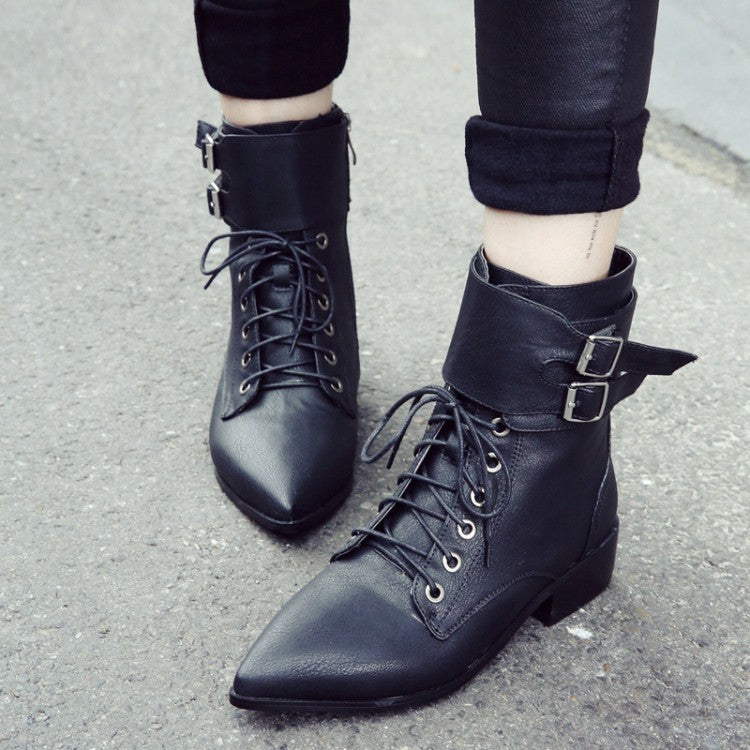 Fall/winter Short Boots Pointed Toe Lace Up Motorcycle Boots Women's Shoes