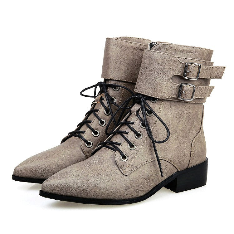 Fall/winter Short Boots Pointed Toe Lace Up Motorcycle Boots Wom
