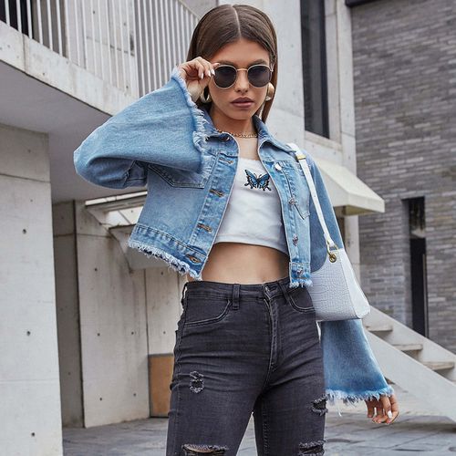 Retro Pocket Ragged Hem Short Denim Women Jackets