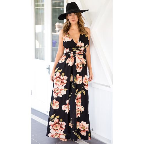 Sexy Deep Vbackless Slit Plant Print Holiday Women's Dresses