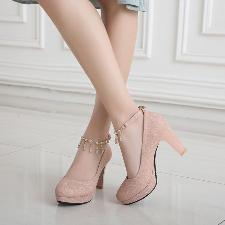 Rhinestone High Heelss Thick-heeled Women's Round Head Platform Chunky Pumps Wedding Shoes Woman