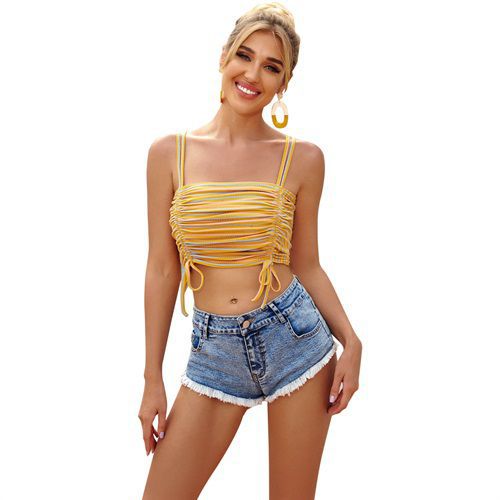 Fashion Retro Insnavel-baring Drawstring Slings Stripe Women Tank Tops