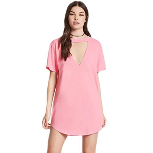 Sexy Chest Hollow Round Collar Short Sleeves Solid Color Medium Long T-shirt Women Dresses