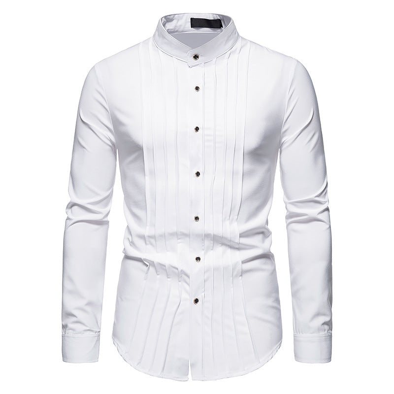 Men's Hollow Long-sleeved Solid Color Retro Slim-fit Formal Shirt