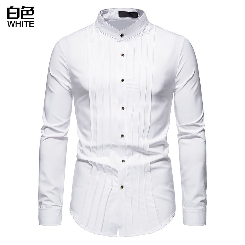 Men's Hollow Long-sleeved Solid Color Retro Slim-fit Formal Shirt