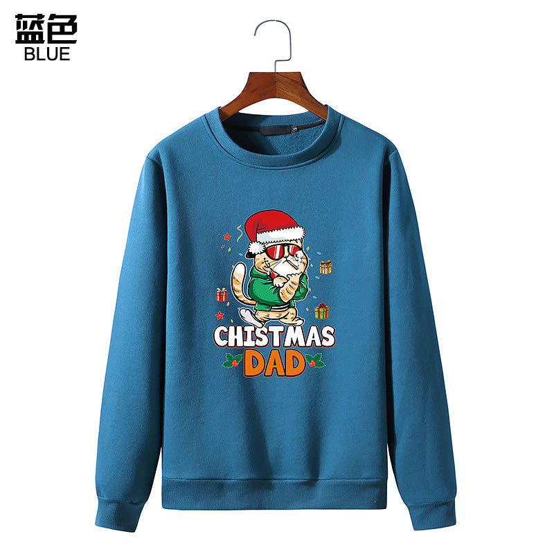 Christmas Cat Print Round Neck Long Sleeve Men's Sweatshirt