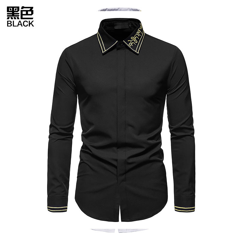 Men's Hollow Long-sleeved Solid Color Retro Slim-fit Formal Shirt