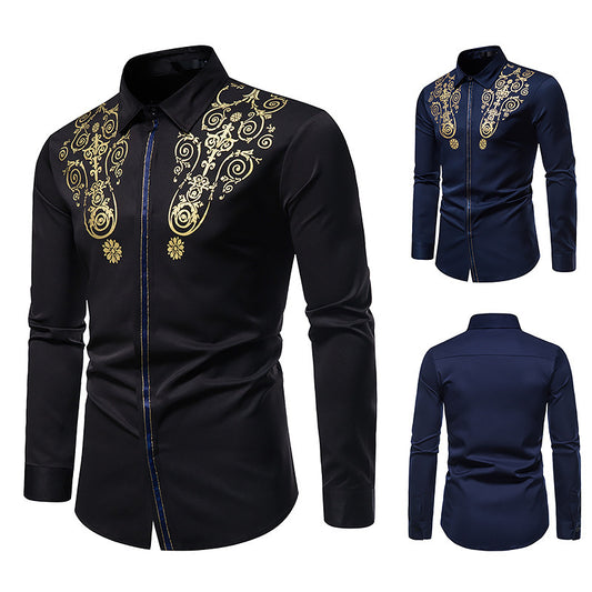 Men's Long Sleeve Printed Button Shirt Slim Fit Formal Shirt