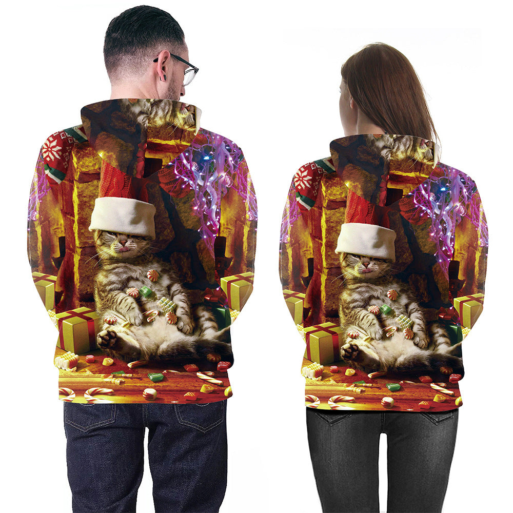 Couple Cat Christmas Hat Printed Casual Pullover Hooded Sweater