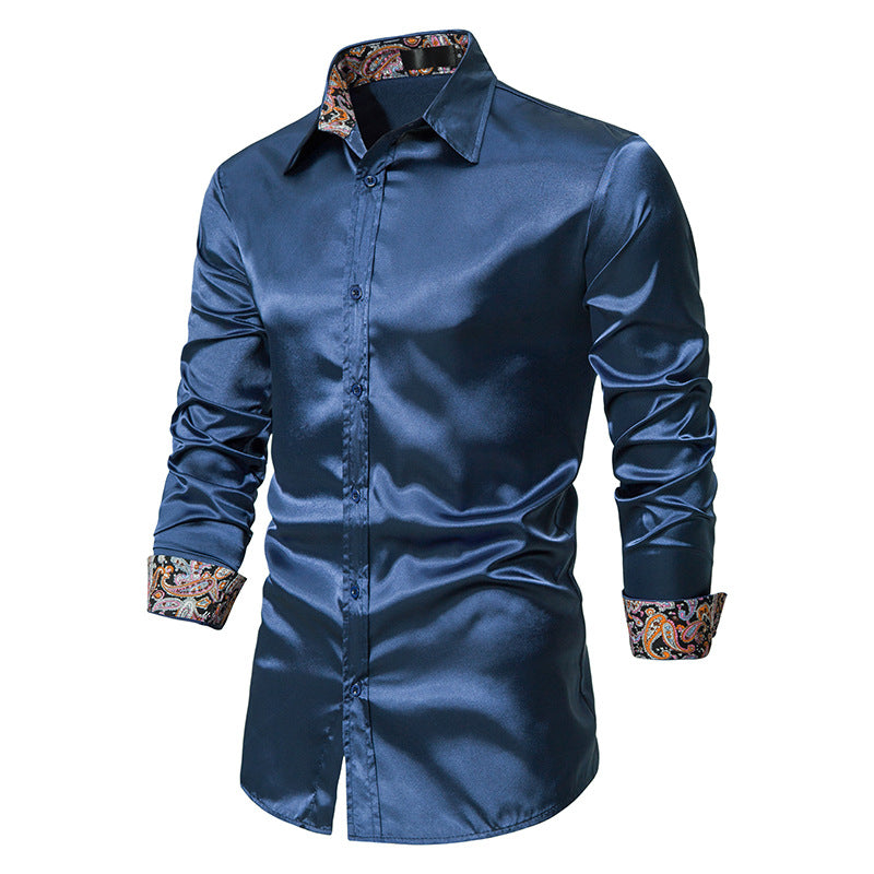 Men's Long Sleeve Satin Shirt Contrast Color Slim Formal Shirt