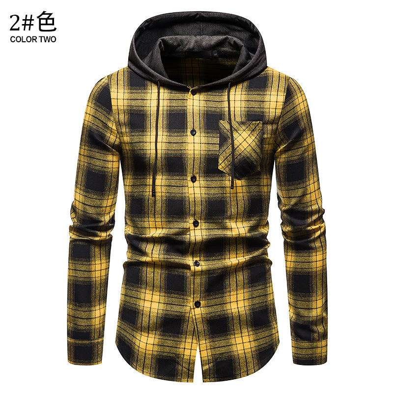 Men's Long Sleeve Hoodie Plaid Flannel Shirt