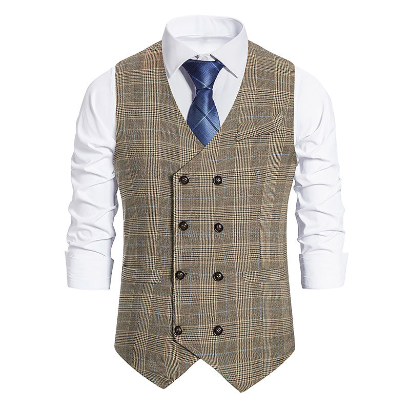 Men's Plaid Double-breasted Waistcoat Suit Retro Vest