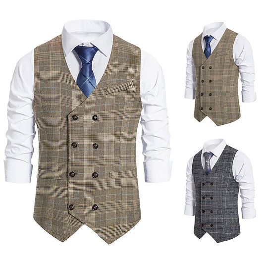 Men's Plaid Double-breasted Waistcoat Suit Retro Vest