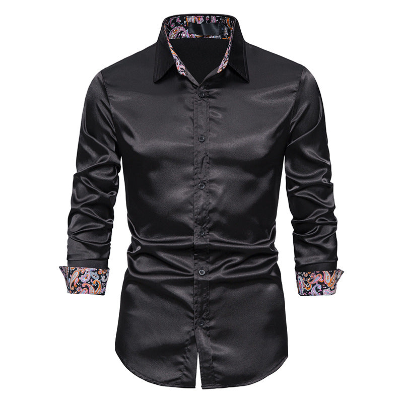 Men's Long Sleeve Satin Shirt Contrast Color Slim Formal Shirt