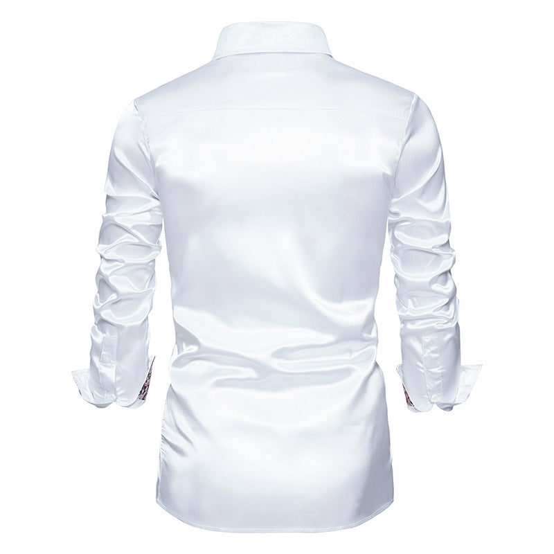 Men's Long Sleeve Satin Shirt Contrast Color Slim Formal Shirt