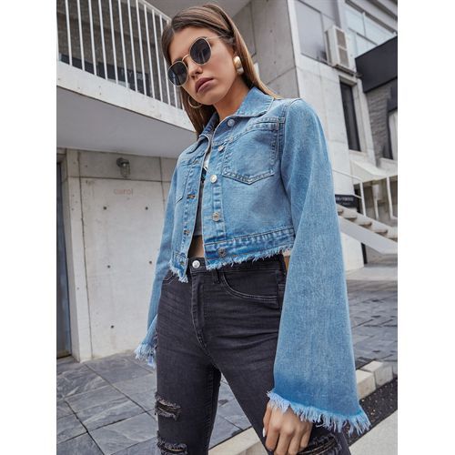 Retro Pocket Ragged Hem Short Denim Women Jackets