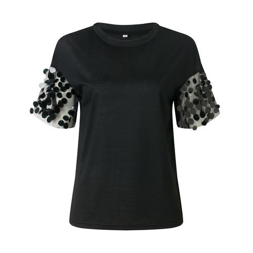 Sequined Split Joint Round Neck Short Sleeves Women T Shirts