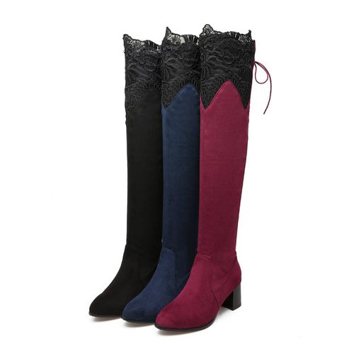 Lace Velvet Women High Heel Knee High Boots