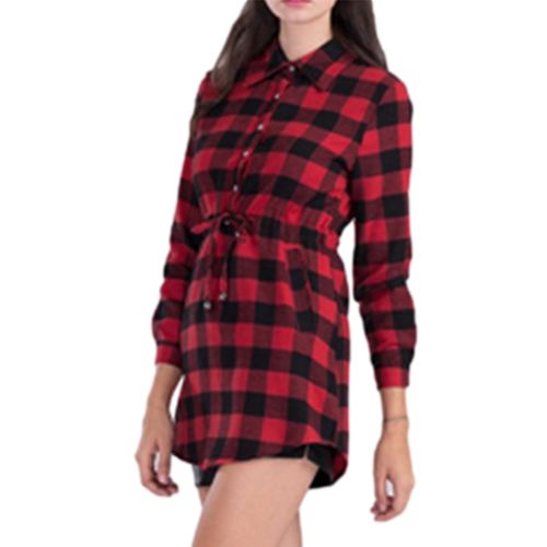 Plaid Shirt Spring Summer Skinny Beam Waist Mid Length A-line Skirt Women Dresses