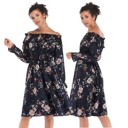 Sexy off-the-shoulder chiffon spring Summer lotus leaf sleeves shredded flower A-word skirt Women Dresses