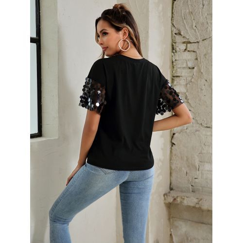 Sequined Split Joint Round Neck Short Sleeves Women T Shirts